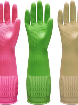 Bamllum 3 Pairs of Rubber Dishwashing Gloves for Kitchen and Household Cleaning – Long Cuff 15", Reusable, Flexible Long-lasting and Non-Slip (Red+Yellow+Green, Large)